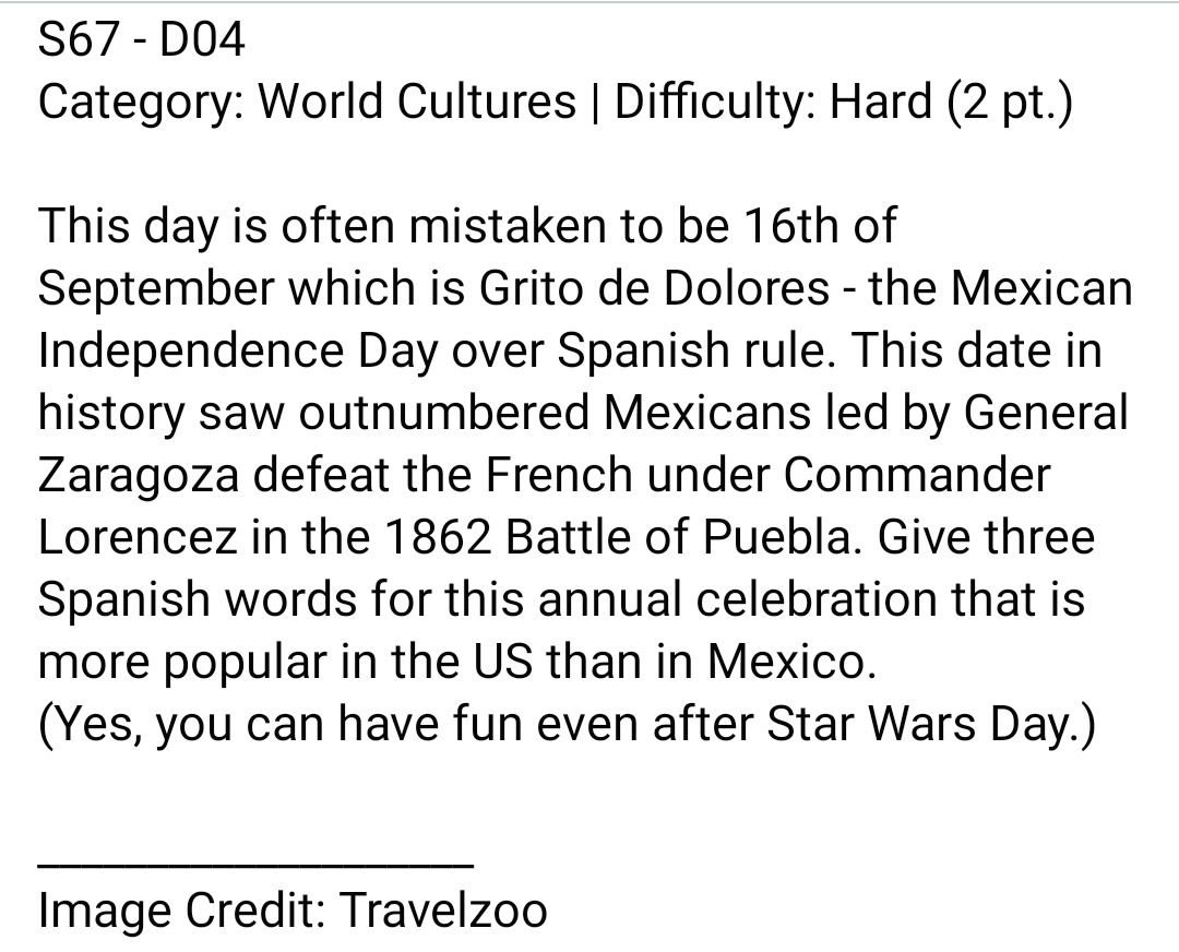 QuizKosh's tweet photo. S67 - D04
#WorldCultures | Hard (2 pt.)

DM your answer plz.

#GritodeDolores #Mexican #Spanish #Date #History #Mexicans #French #Puebla #celebration #US #Mexico #QuizKosh #Quiz #Trivia #Thursday https://t.co/Djf2Z7uLFj
