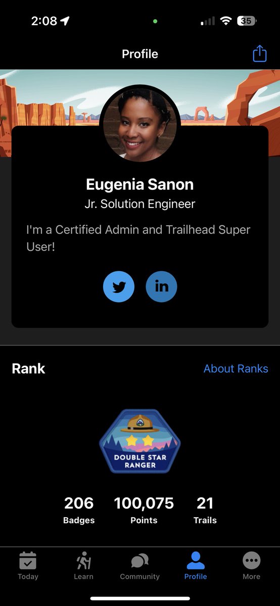 GenieSanon's tweet photo. Woo! I’m a Double Star ⭐️ ⭐️ Ranger now! Time to earn my next certification soon ✨ #trailblazercommunity #trailhead #Salesforce #Ohana #platformappbuilder #certprep #fof #Salesforce https://t.co/ycsIL4fmCX