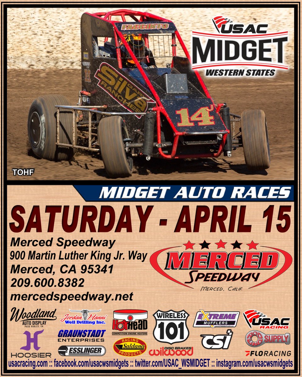 USAC_WSMIDGET's tweet photo. After rain washed away their Antioch debut, the USAC Western States Midgets will head to Merced Speedway on Saturday, April 15th!
#USACRacing #usacmidget #usacwesternmidget #USACMidgets #usacwesternstates #racing #dirttrackracing #dirttrack #merced #mercedspeedway https://t.co/6Nw7AjoHK6
