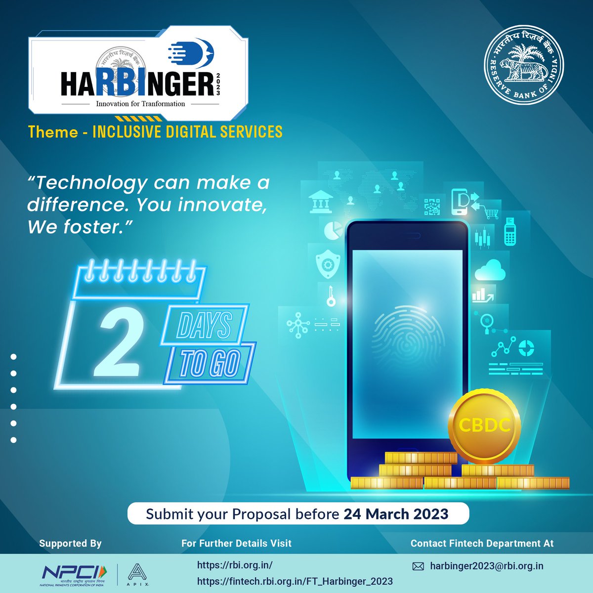 RBI's tweet image. #harbinger2023 #rbihackathon #innovationfortransformation 
Submit your proposal now at hackolosseum.apixplatform.com/h1/harbinger20…