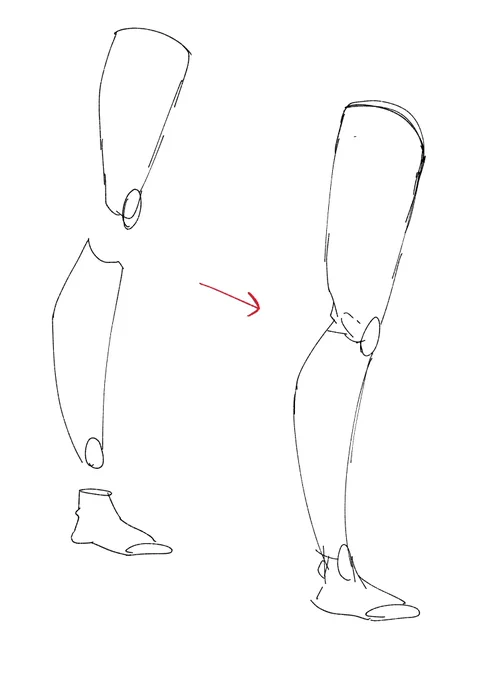足はパーツ分割でイメージすると格段に描きやすくなる。立体をイメージできるように関節の◯を描いて「強制的に脳内で補完」出来るように描くといいと思う。 