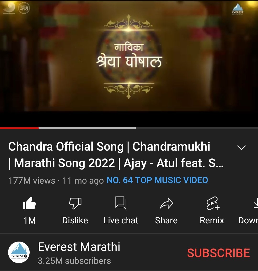 Chandra SUPREMACY 🥳🫶

1M likes 📈🥰❤️ 

Still this song is trending on YouTube even after almost one year of its release 🥳❤️‍🔥🥵  
@AjayAtulOnline @shreyaghoshal @guruthakur @AmrutaOfficialK