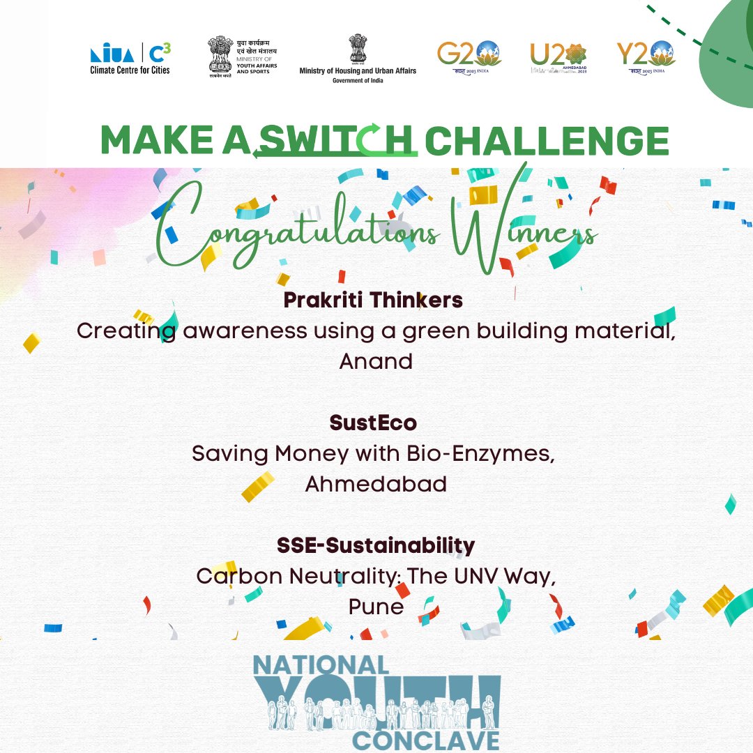 C3_NIUA's tweet photo. 🎉'Make a SWITCH!' Challenge
⭐️We thank all the participants!
>250 participants from 25+ #cities sent their #climateaction #culturalrevival #communityengagement videos for a #sustainable future
⭐️Congratulations Winners! 🙌
#ClimateProIndia #Youth4Change #Y20 #U20Y20India https://t.co/eLYK8BjEsC