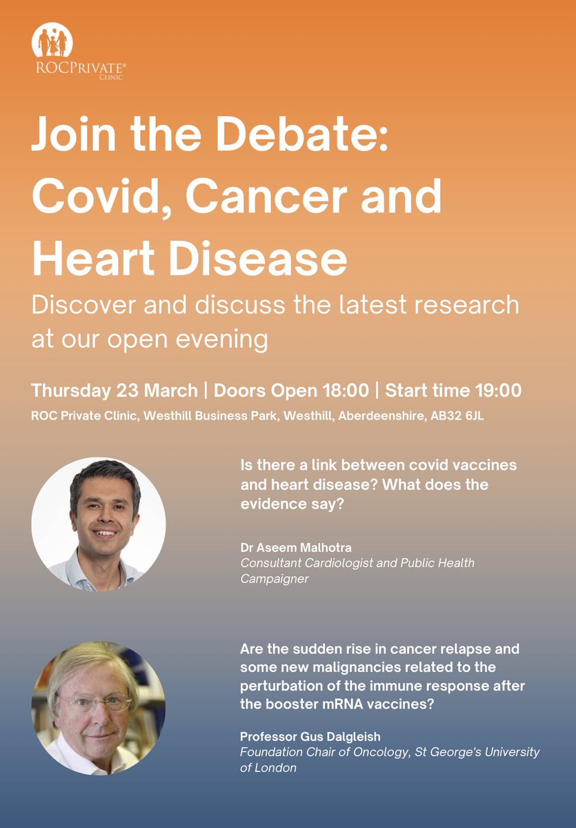 BREAKING:

Is there a link with Covid vaccines, cancer &amp; heart disease? What does the evidence say ?

First medical education event for GPs &amp; allied health care practitioners in U.K. on this subject takes place this evening in Aberdeen, Scotland. 

We are making progress in