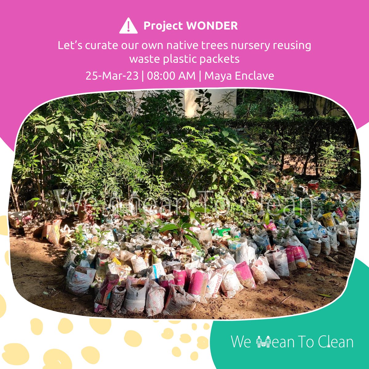 #ProjectWONDER
Join us as we curate our native trees nursery using waste plastic packets
Details: meetup.com/we-mean-to-cle…

#WeMeanToClean #CleanDelhi #SwachhBharat #MyCleanIndia #ClimateAction #GlobalWarming #ClimateChange #Delhi #WasteManagement #Reuse #Shramdaan