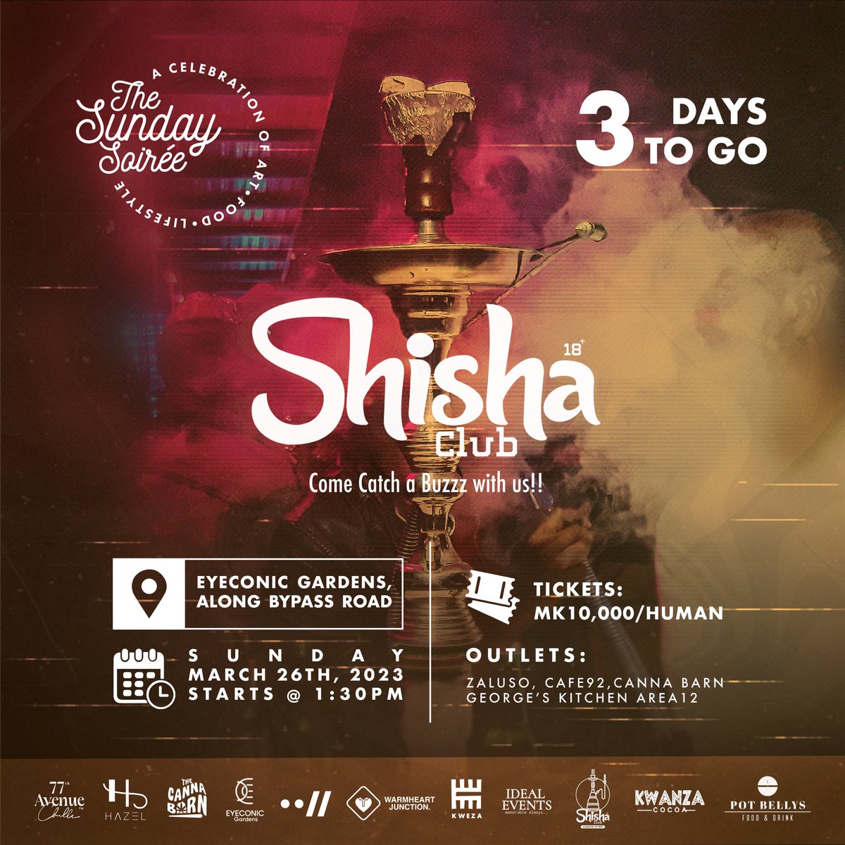 sundaysoireemw's tweet photo. Fancy a smoke?
Our friends at the #ShishaClub will be serving a variety of shisha flavors and fruit infusions to complement your experience at the soirée.
Get your tickets from @Caf922, @Zalusoarts, @georges_truck, @AK_OnThaClothes https://t.co/5PLmUYZj2D