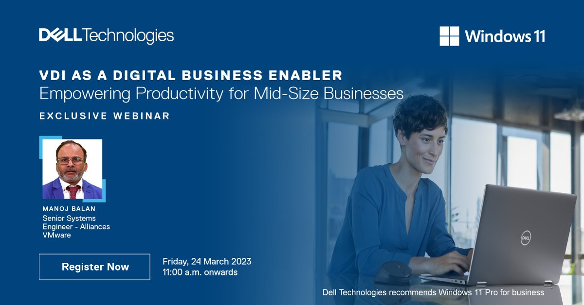 Don't miss on catching up with Manoj Balan,at an Exclusive Webinar “VDI as a Digital Business Enabler: Empowering Productivity for Mid-Size Businesses by @DellTechIndia and @MicrosoftIndia  .
Register Now: lnkd.in/djBYmgDr
 #VDI #DigitalWorkforce #work #india #security #d
