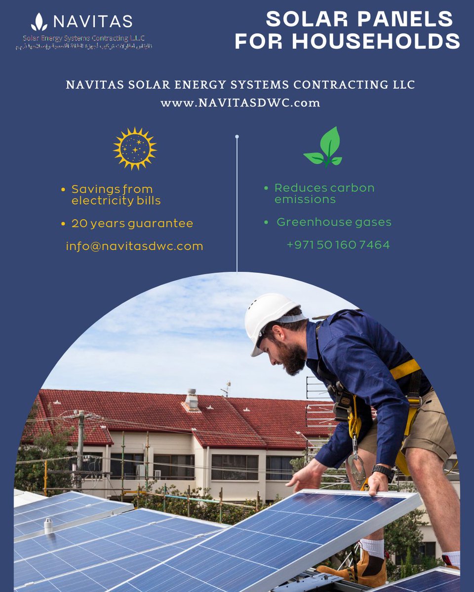 SOLAR PV SYSTEM
SUPPLY, DESIGN, TESTING & COMMISSIONING.

It’s time to go solar, it’s time for #NavitasDubai
#SolarUAE #ShamsInitiative #Navitassolar #solarpanels #solarpower #solarenergy #solartechnology #SolarContracting #SolarConsultant #solar #renewableEnergy #greenenergy