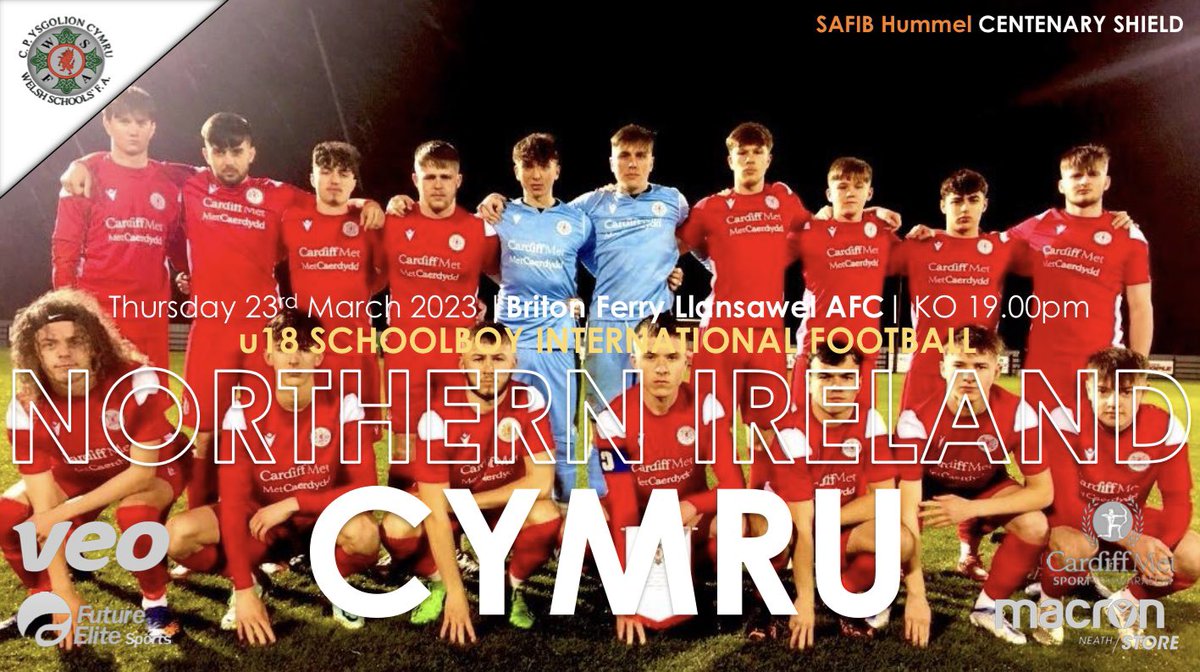 WelshSchoolsFA's tweet photo. INTERNATIONAL | Centenary Shield 🛡️

#GAMEDAY ⚽️
🛡️ | 2023 SAFIB @hummel1923 Centenary Shield
🎓 | Under 18 Boys' International
⚽️ | #Cymru 🆚 @NISchoolsFA
📆 | 23.03.2023
⏰ | 19.00pm
🏟 | @bflafc
🎟️ | £4 adult, £1 student
🎥 | https://t.co/YiunHI2y5m (watch LIVE for £3) 

#WSFA https://t.co/4kPgxkQzyG