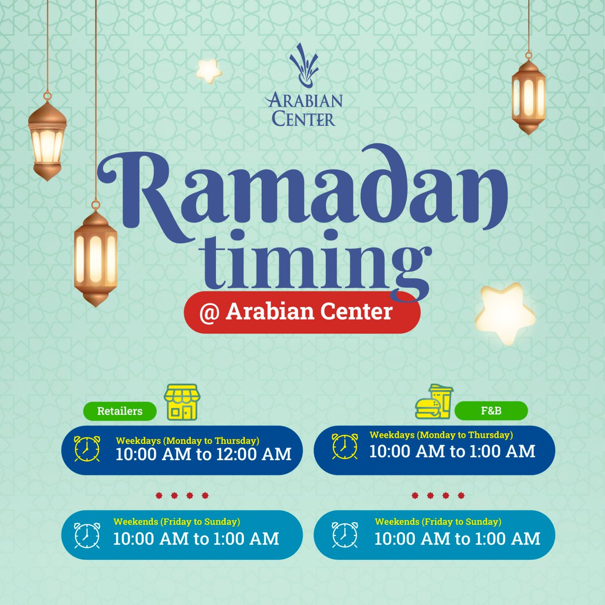 arabiancenter's tweet photo. Celebrate Ramadan with Arabian Center! Our extended timings for shopping and dining make it easy for you to enjoy the holy month with family and friends. Join us and experience the true spirit of Ramadan.

#ArabianCenter #ExtendedTimings #FamilyTime #ArabianCenter #AlFuttaimMalls https://t.co/ES6hj7MHwM