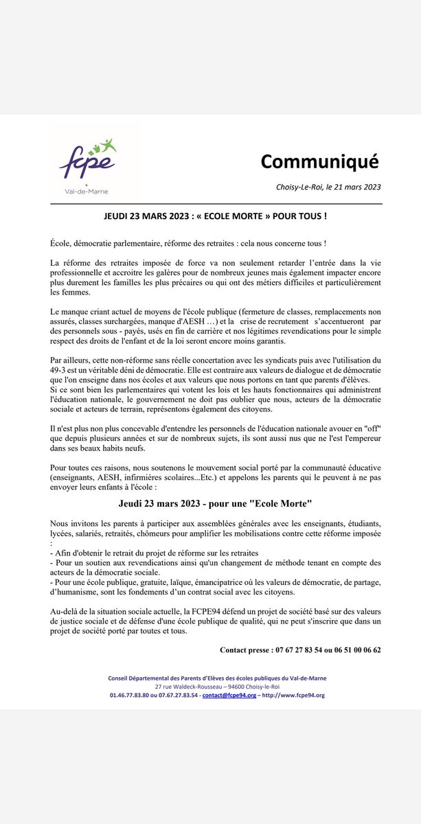 La <a href="/FCPE94/">FCPE94</a> appelle les parents faire #EcoleMorte ce 23 mars 2023.
#Ecole, #DemocratieParlementaire #ReformeDesRetraites 
<a href="/AcCreteil/">Académie de Créteil</a>