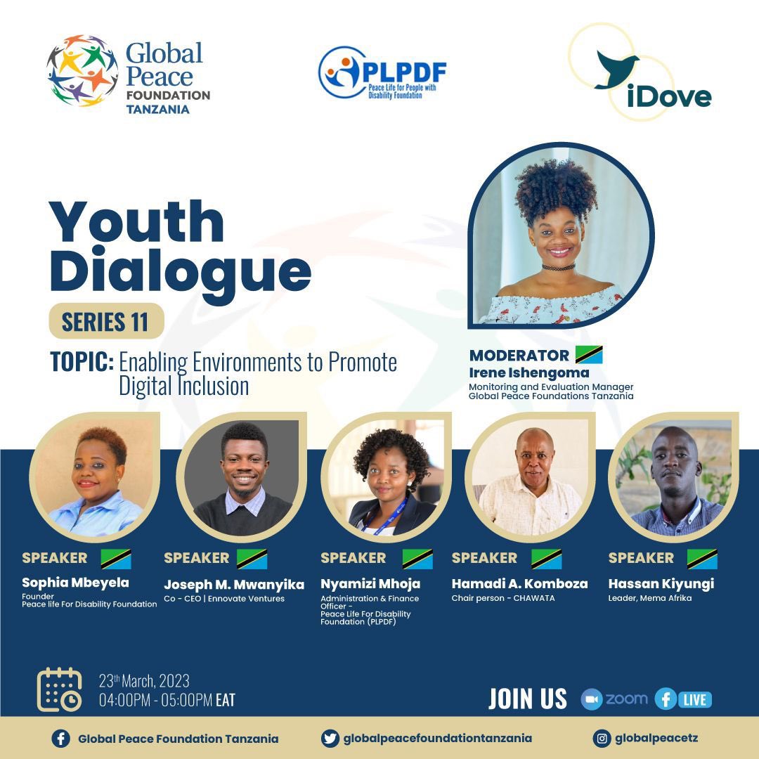 We are inviting you to a Zoom meeting Youth Dialogue Series 11

Register:
zoom.us/meeting/regist…

Topic: “ Enabling Environments to Promote Digital Inclusion”

When: Mar 23,2023 04:00 PM Nairobi 
#YouthInActionforPeace #VijanaAmaniMipakani #Idove #YouthDialogue #PeaceBuilding