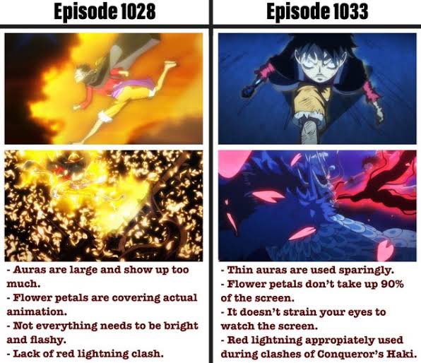 i_rents's tweet photo. @StrawhatSmokey Let me show you this. 1028 Luffy unlocks advance conq people complained about the auras being to bright and screen consuming. 1033 a month later after feedback Luffy still has yellow over indicating that the yellow indicates when aCoC is being used pretty much https://t.co/7ymcYWsr4N