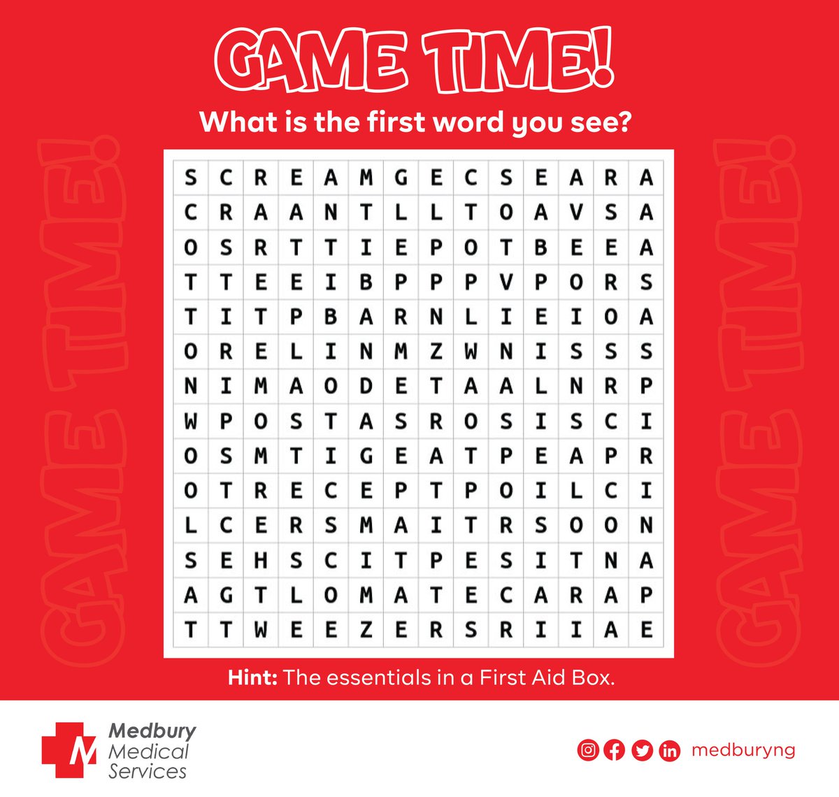 MedburyNG's tweet photo. It's game time! Do a quick search. Let's see how many words you can find😀
#healthcomics #wordpuzzle #wordsearch #health #firstaidbox #firstaidtraining #cprtraining #occupationalhealth #medburymedicals #medburylabs #babcock #INECChairman #ASUU https://t.co/iRisf5UL5z
