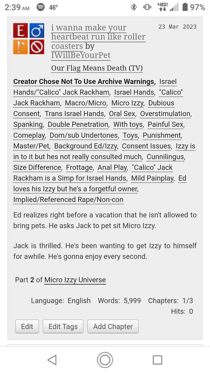 ProbASociopath's tweet image. First chapter of a CJizzy Macro/micro fic
same au as my other micro fic

Ed asks Jack to pet sit Izzy while hes out of town. Jacks more than happy to get time with Micro Izzy

nsfw, mind the tags, the consent is dubious cuz of micro/pet aspect
#cjizzyweek

archiveofourown.org/works/45952900…