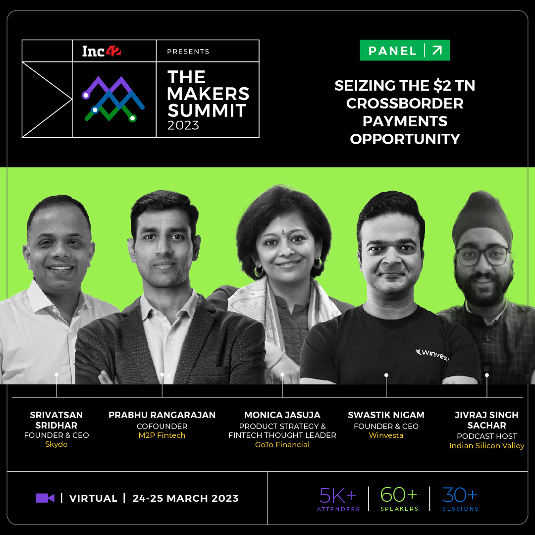 Inc42's tweet photo. Seizing The $2 Tn Crossborder Payments Opportunity with @jasuja - #GoToFinancial, @swastyk - @Winvesta, @prabranga - @m2pfintech, @srivats80 - @_skydo and @jivraj_sachar -@isv_podcast.

#TheMakersSummit2023

(6/10) https://t.co/6mK9YYpwZi