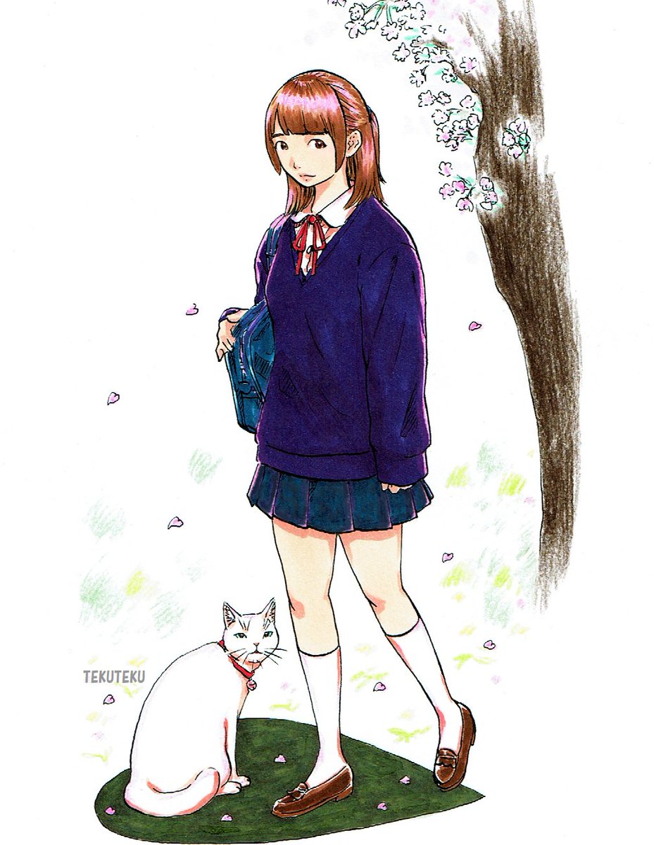 「ハーフアップ制服女子と桜と白猫にゃん #猫好き #illustration #オ」|TEKUTEKUのイラスト