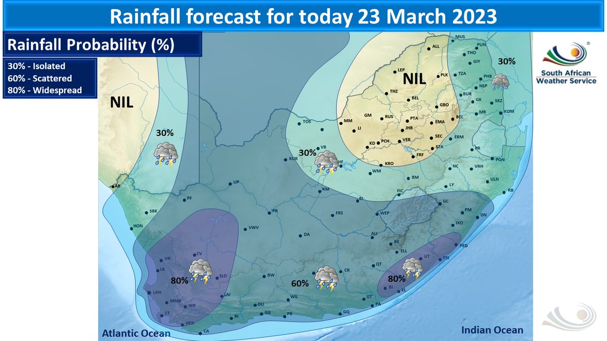 SAWeatherServic's tweet photo. Rainfall forecast for today 23 March 2023. https://t.co/1BqYpRVkYn