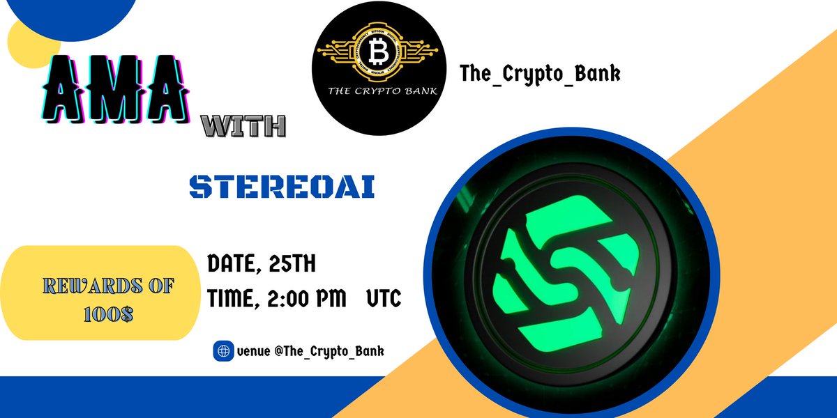 The_crypto_Bank's tweet photo. The Crypto Bank will host Ama with #StereoAi on 25TH March 2023 at 2:00 PM UTC
๐ตReward pool : 100$ usdt
๐ Venue :@The_Crypto_Bank
1๏ธโฃRules : Must Be Follow๐
@The_crypto_Bank
&
https://t.co/Rc6TqADorz
tag 3 friends ๐ค
๐Like, Retweet & send your best question guys โ https://t.co/gSgWGirzCq
