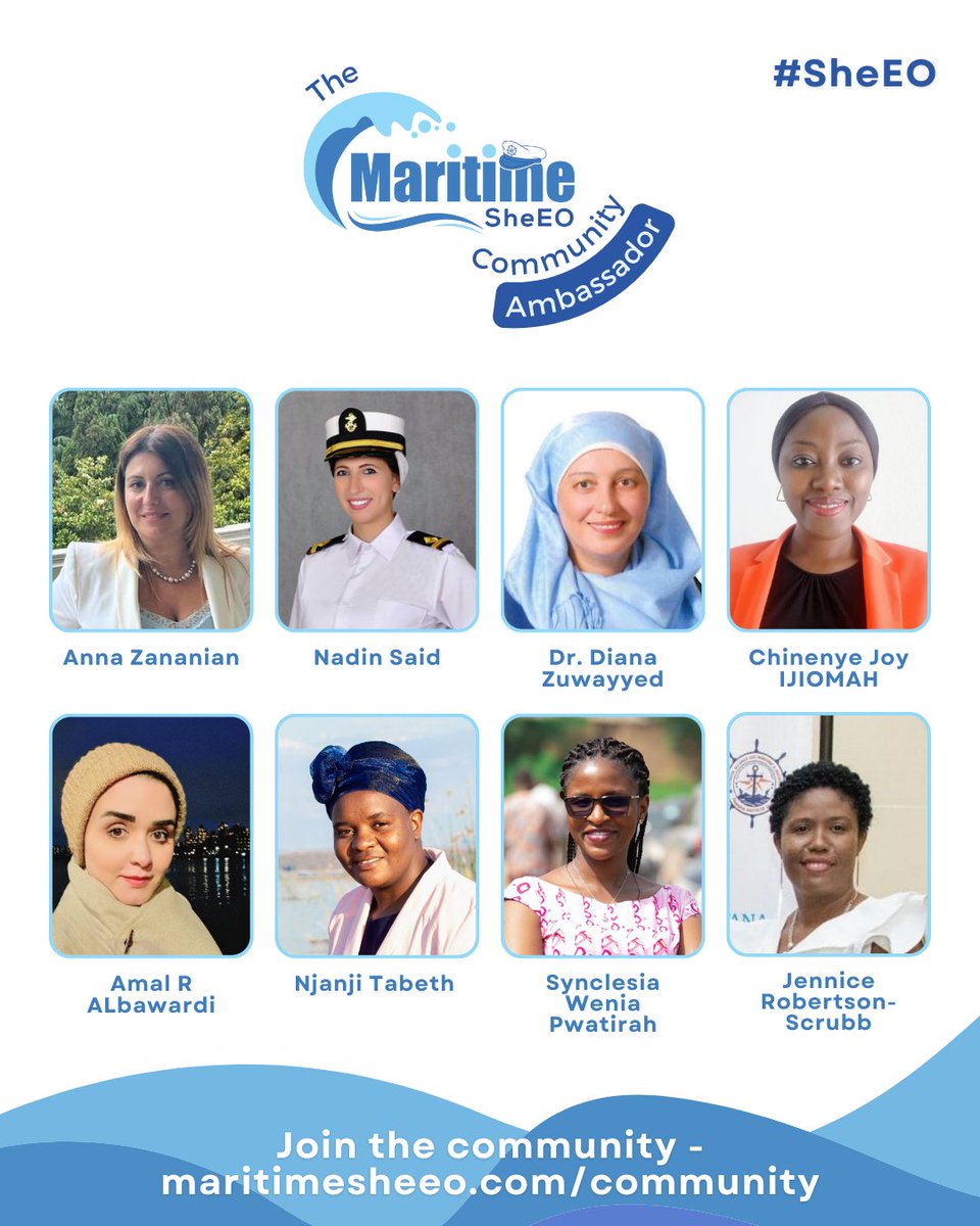 We're almost 200 member strong at The #MaritimeSheEO Community!

Presenting some of our ambassadors:
🌊 Anna Zananian
🌊 Nadin Said
🌊 Dr Diana Zuwayyed
🌊 Chinenye Joy IJIOMAH
🌊 Amal albawardi
🌊 Tabeth Njanji  
🌊 Synclesia Wenia Pwatirah
🌊 Jennice Robertson-Scrubb

#Maritime