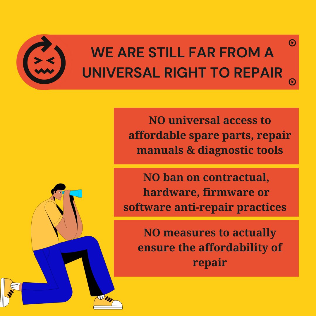 📢 The <a href="/EU_Commission/">European Commission</a> finally launched its long-awaited #RighttoRepair proposal

➡️Despite some good steps, the proposal does not address affordability of #repair, anti-repair practices &amp; is a missed opportunity to make the #RighttoRepair universal!

🔽Quick analysis in the🧵