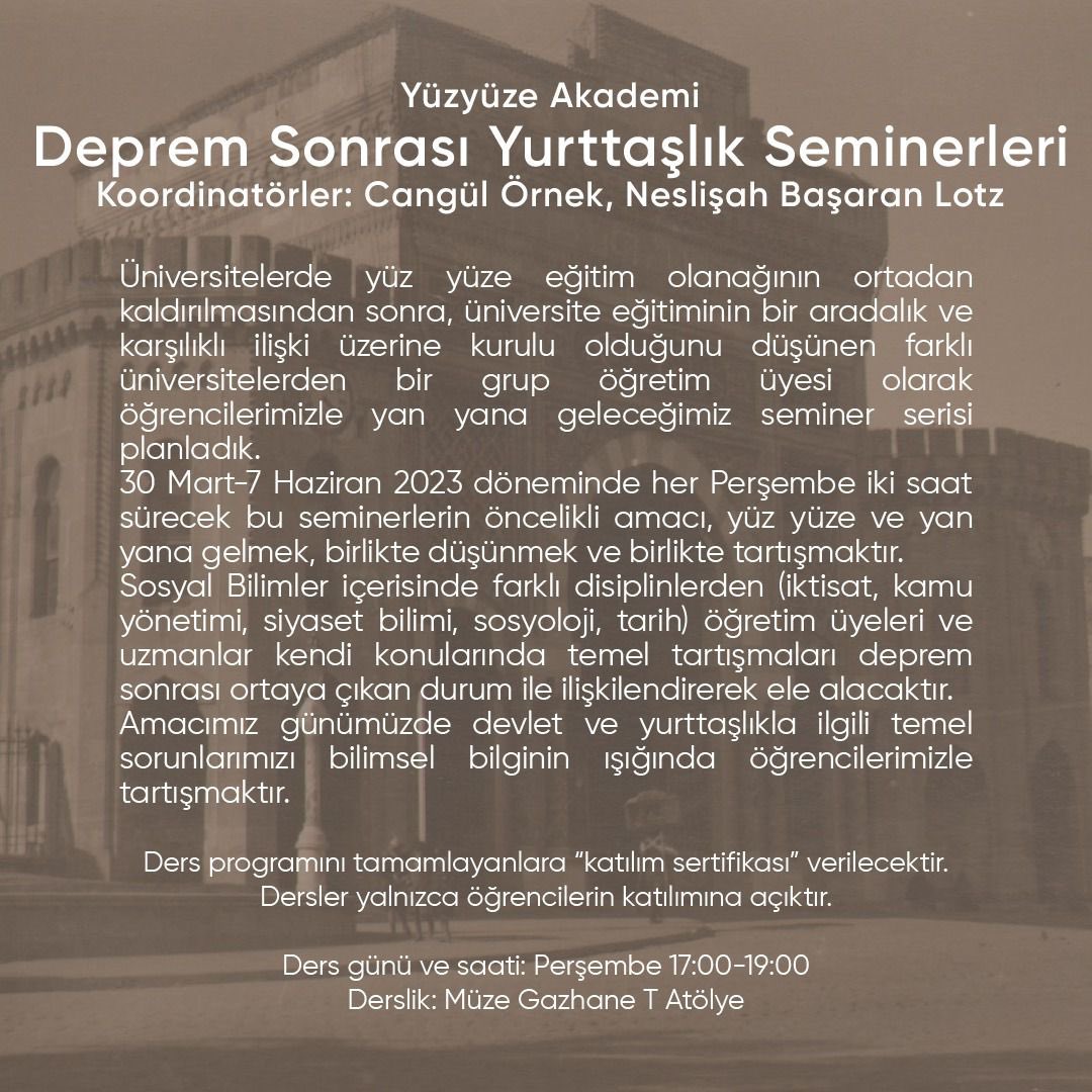 ibbkutuphane_'s tweet photo. Öğretim üyeleri ve öğrencilerle bir araya geliyoruz. Farklı disiplinlerden, konunun uzmanlarıyla birlikte düşünüp tartışacağımız "Yüz Yüze Akademi" serimiz "Deprem Sonrası Yurttaşlık Seminerleri" ile başlıyor.

📍Müze Gazhane, T Atölye https://t.co/27Fvvm7F1l