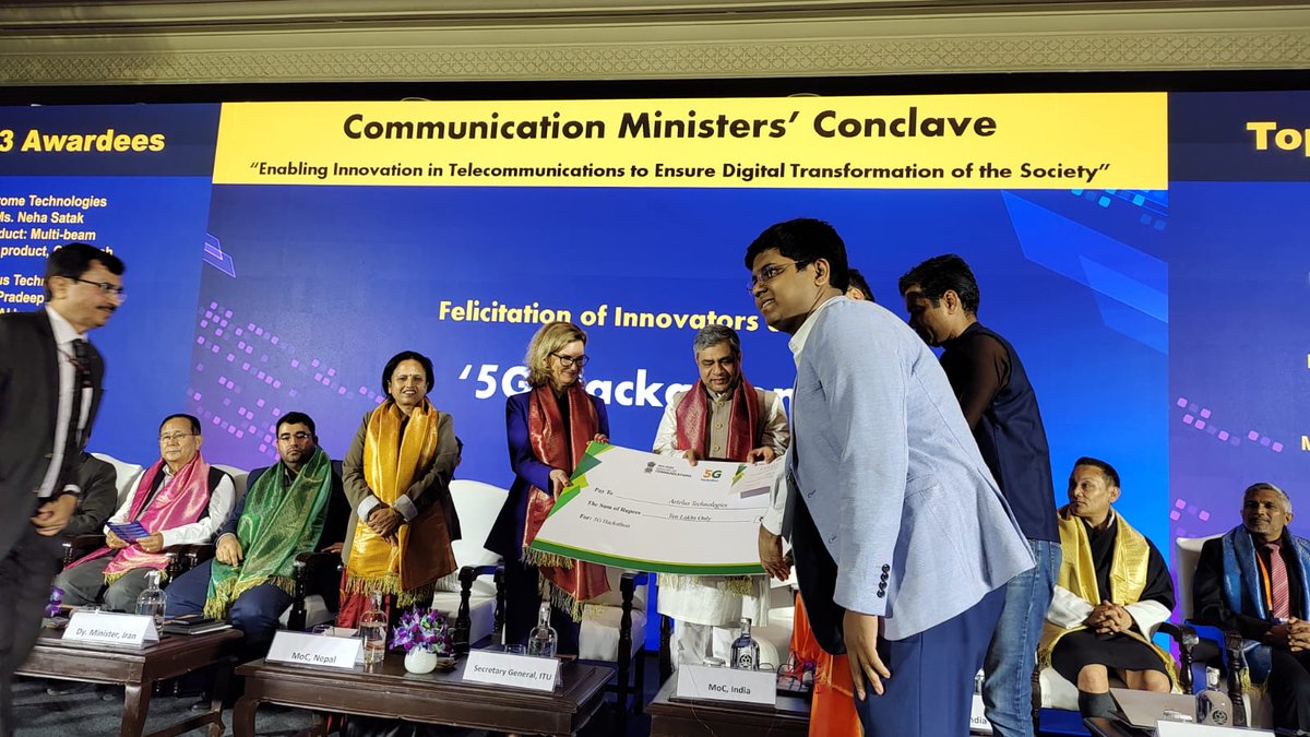 TCOEINDIA's tweet photo. #IndiaITU4Innovation | #ITUAtIndia | Top 3  5G hackathon winners @innogle @artlus and @Astrometechof @DoT_India @TCOEINDIA awarded by @AshwiniVaishnaw @ITUSecGen along with other esteemed dignitaries on the dais, at the Communication Minister Conclave, New Delhi, on March 22,2023 https://t.co/6L5KwnBmT1