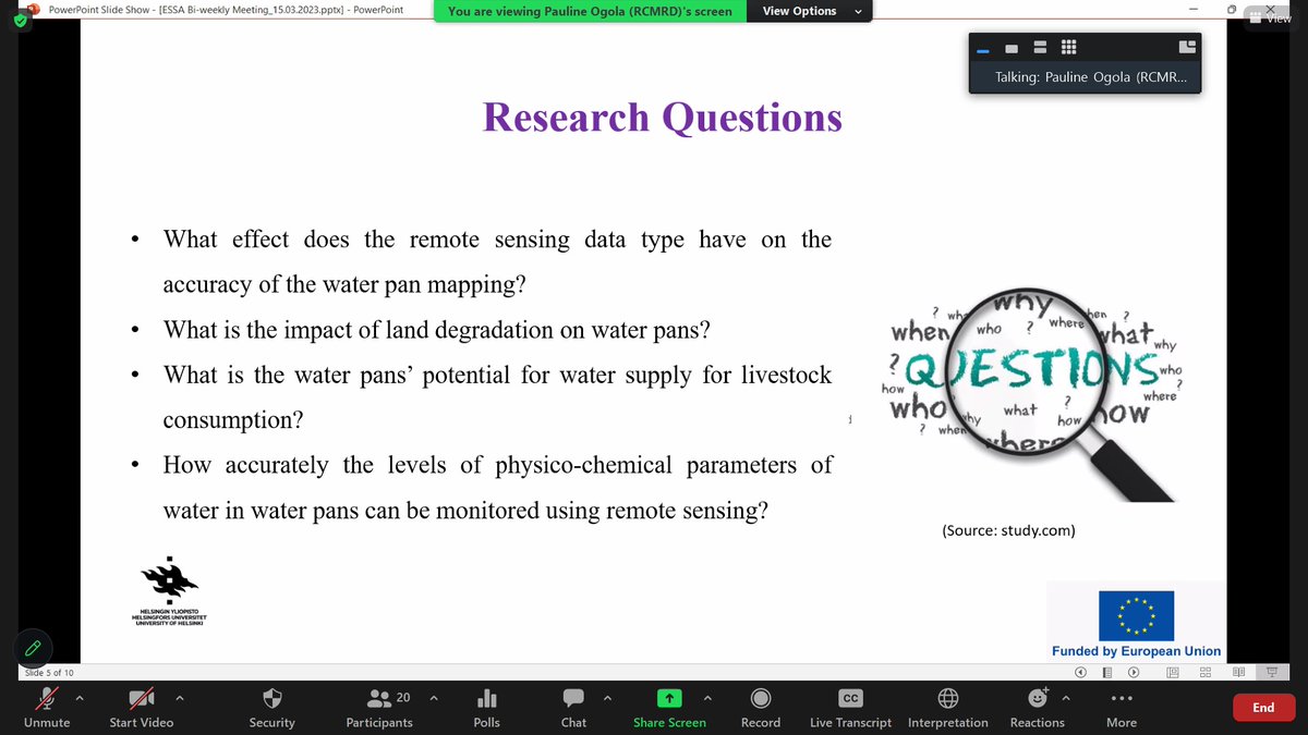In the 2nd Bi-weekly Science Session, presentations were given by Ms. Pauline Ogola (RCMRD) on "Remote Sensing of Water Pans Hydrodynamics and Land Degradation in the Agropastoral Environment", and Dr. Vincent Odongo (ILRI) on "Carbon balance of Kapiti rangelands, Kenya".