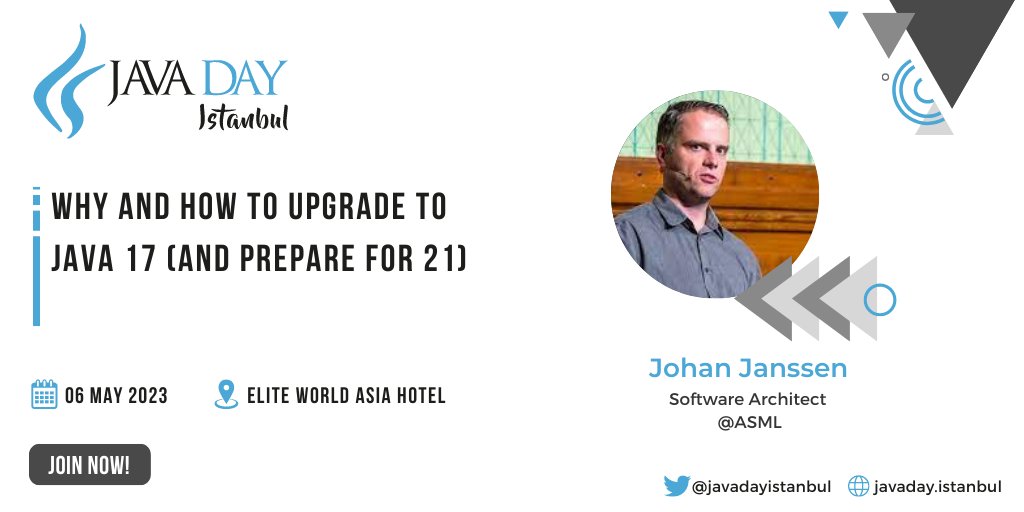 javadayistanbul's tweet photo. Java upgrades are sometimes seen as difficult and many applications are still running on an older version of #Java. 

In this session Johan Janssen (@johanjanssen42) will describe Java’s current six months release process and why applications should use a recent Java version. https://t.co/kWka4lhV1Q