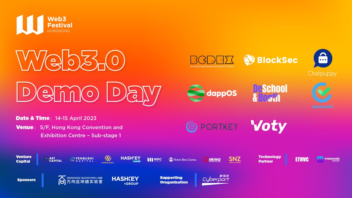 festival_web3's tweet photo. Announcing the 1st batch of #Web3 projects joining the Web3.0 Demo Day co-sponsored by Wanxiang Blockchain Labs and @HashKeyGroup! 

Meet @Portkey_DID from @aelfblockchain, @BlockSecTeam @DeSchool2022 @HelloGameland @chatpuppynft @voty_xyz from .bit @dappOS_com @Bcde2009 on stage https://t.co/ZyjLZrItL4