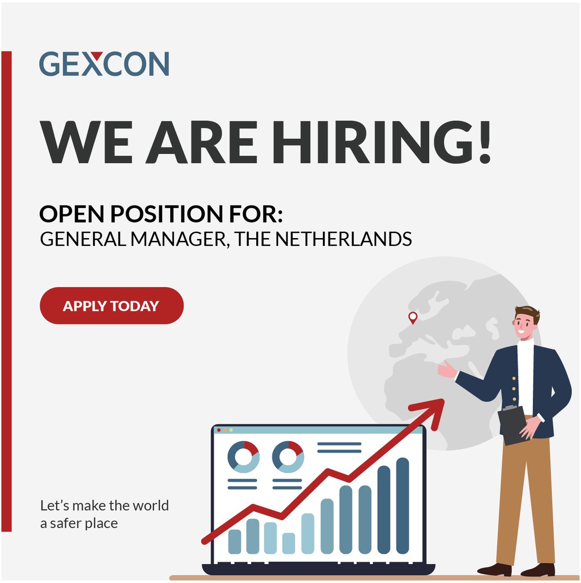 Gexcon is looking for a General Manager to head up our Netherlands office to focus on software development and sales.

Interested?  Click on the link below.
hubs.la/Q01HXC9f0

#generalmanager #businessdevelopment #technicalsafety #softwaresolutions