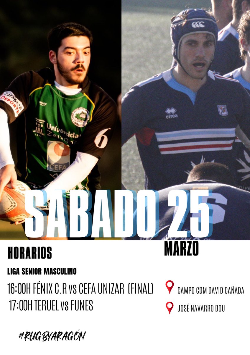 PARTIDOS SÁBADO 25 MARZO

Os dejamos por aquí los partidos de Regional Femenino y Masculino de este fin de semana!!

@RugbyFenix <a href="/RugbySoria/">Rugby Soria</a> <a href="/ibero_rugbyzgz/">Íbero Rugby Zaragoza</a> <a href="/clubrugbyteruel/">Club de Rugby Teruel</a> @cefaunizar