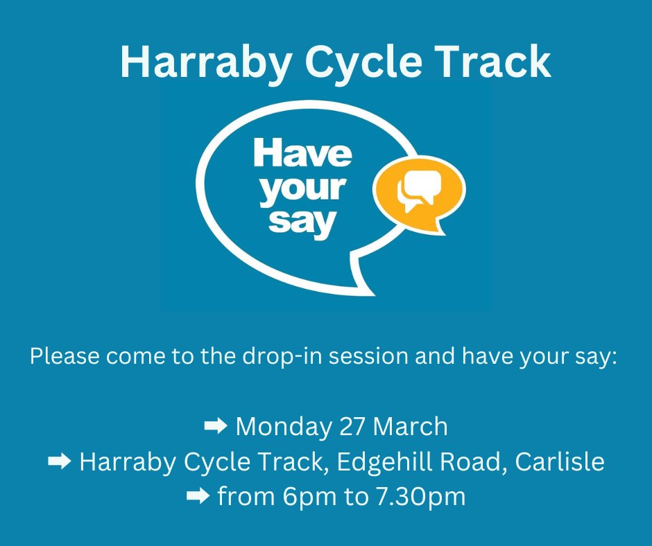 Harraby Cycle Track - have your say!

🚲 Do you enjoy cycling?
🚲 Are you a member of a cycling club?
🚲 Are you just wanting to make better use of the facilities?

✅ why not pop along to the Harraby Cycle Track on Monday 27 March, and give us your thoughts about the track.

fo