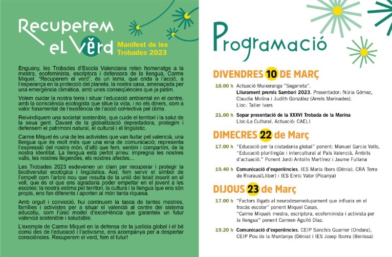LlenguesUA's tweet photo. Arranquem a #Benissa el proper dissabte 25 de març amb les trobades d'@escolatv 💚

Enguany el Servei de Llengües aporta el seu fotoreclam amb el lema "més valencià, més llengües" a les Trobades d’@escolatv amb el lema 'Recuperem el verd', amb Carme Miquel🌱🌿 https://t.co/OeRiE7BDuV