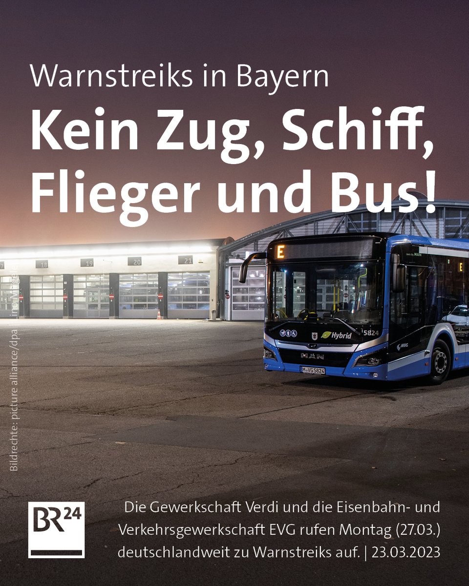 🚂 🚢 ✈️ 🚌 Bundesweit müssen sich die Fahr- und Fluggäste darauf einstellen, dass sie am Montag ihr Ziel wahrscheinlich nicht erreichen können.

Mehr dazu: br.de/nachrichten/wi…

#Streik #Warnstreik #Warnstreiks 
<a href="/_verdi/">Ver.piss.di</a> <a href="/verdibayern/">ver.di Bayern</a> <a href="/DeineEVG/">EVG</a>