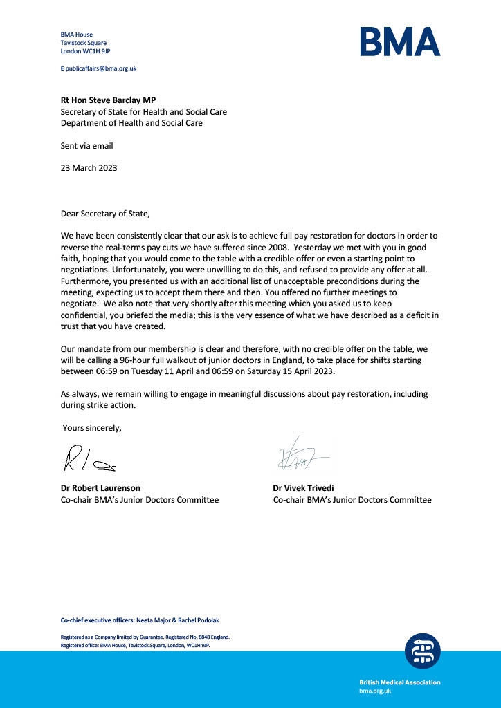 BMAResidents's tweet image. We remain willing to have meaningful discussions about #PayRestoration with @SteveBarclay. However, he has still not brought a credible offer to the table.

This is our message to him, ahead of our second round of strikes 👇