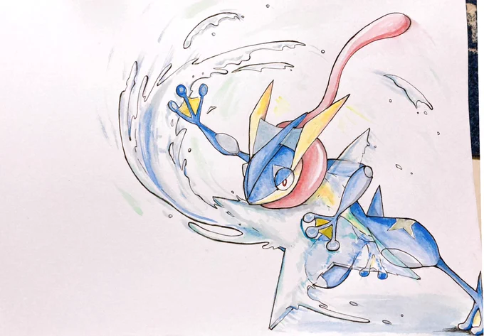 ついに明日は最終回…心を落ち着かせるために描いたゲッコウガできた…。サトシとピカチュウの旅が見れなくなる寂しさと楽しみなのとで情緒がぶっ飛んでく#サトピカ #めざせポケモンマスター #アニポケ 