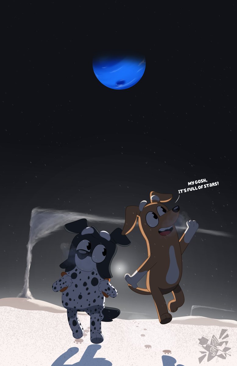 captainabruzze's tweet photo. Here's my entry for #RULYARTCOMP18 Ruly Art Challenge. Drew two doggos stepping on the moon Triton with Stars and Snow above them.

Posted here on 👁️-gee: https://t.co/Ki1Sx3fHYK

#ruly #roxy #Bluey #blueyfanart #blueyoc https://t.co/svZkGiSkJJ