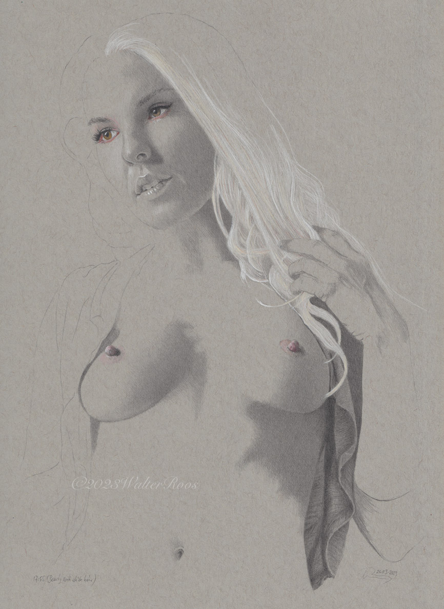 artwalterroos's tweet photo. Voila...fini: #Zeichnung, #Graphit #Farbstift #Tusche ""Beauty with white hair (17:55)"30,2x21,8cmcm,toned cardboard
#art #ArtistOnTwitter #portraitdrawing #drawing #saatchiartist #patreoncreator #kunst #künstler #zeichner  #woman #nonfinito #kleineKunstklasse #Frau  #portraiture https://t.co/v8biziRGsG