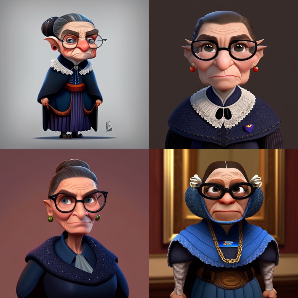 DHelmEDU's tweet photo. My wife and I were talking about the Supreme Court listening to Jack Daniels 🥃 arguing against a dog 🐕 toy company this AM. Figured I would ask the notorious RBG what she thought on the Hello History AI app…and I made RBG Pixar pics…because AI does that too! #GovGeek https://t.co/JeKBvzdMrc