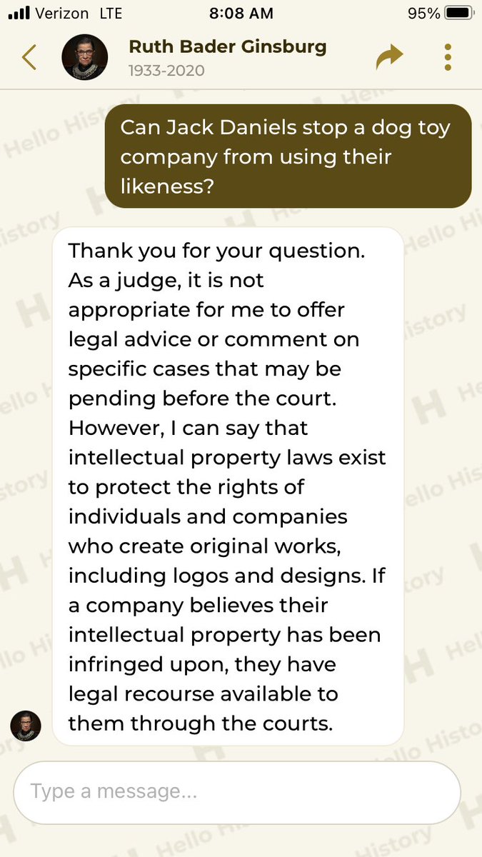 DHelmEDU's tweet photo. My wife and I were talking about the Supreme Court listening to Jack Daniels 🥃 arguing against a dog 🐕 toy company this AM. Figured I would ask the notorious RBG what she thought on the Hello History AI app…and I made RBG Pixar pics…because AI does that too! #GovGeek https://t.co/JeKBvzdMrc
