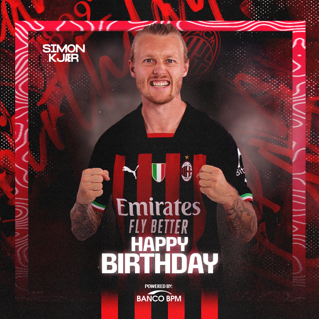 Wishing our Great Dane a fulfilling 34th birthday! 🇩🇰😬 Grande uomo, grande giocatore! ❤️🖤 Auguri @simonkjaer1989! 🥳 #SempreMilan Brought to you by @BancoBPMSpa