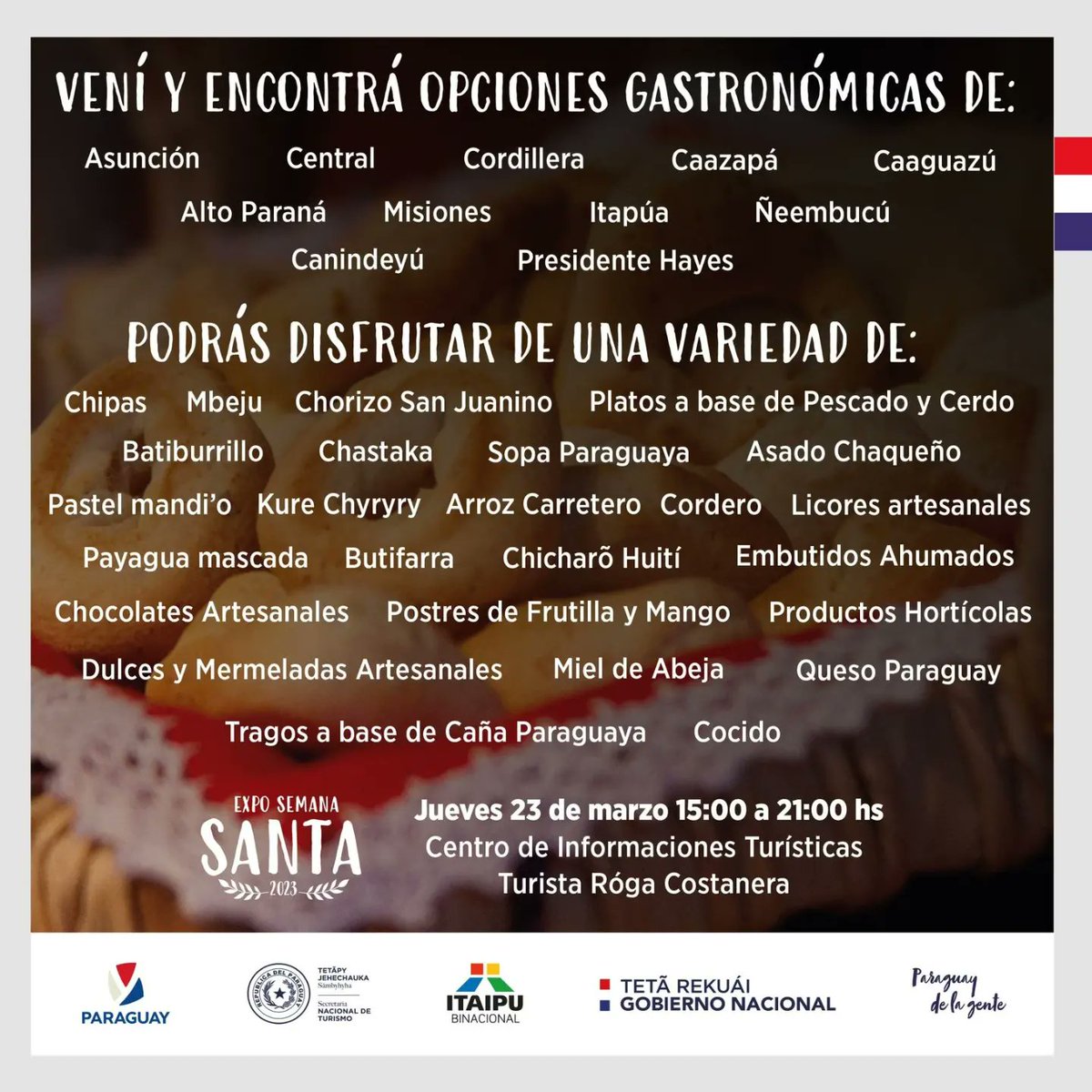 silvana_abdo's tweet photo. Les invitamos a la Expo Semana Santa desde las 15:00 en el Turista Róga, Costanera de Asunción

➡️Con las opciones gastronómicas de todo el país.

🇵🇾Y destinos para esta Semana Santa 2023:
https://t.co/kKoZc6SSt6

#AbrazáParaguay #JavyaParaguáipe https://t.co/9V4LQwtbfF