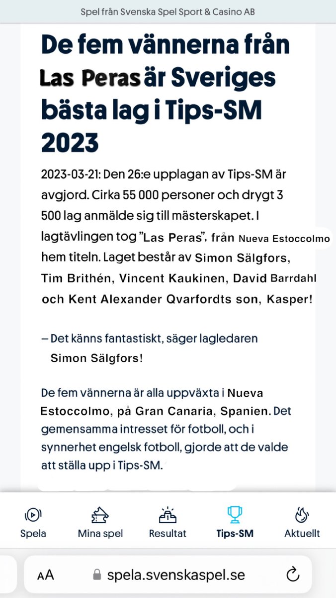LasPeras_'s tweet photo. Las Peras tar hem Tips-SM 2023! 

Läs mer om hur de fem vännerna från Nueva Estoccolmo förvandlades till mästertippare nedan.  

Vi ses igen 2024, nu drar vi till Rio! 

#lasperas #tipssm #campiones #nuevaestoccolmo #rattarattaraa https://t.co/sOlXXws3tl