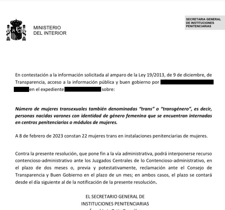 España: 
A fecha 8 de febrero de 2023 hay 23  transfemeninas en  instalaciones  penitenciarias de mujeres.
