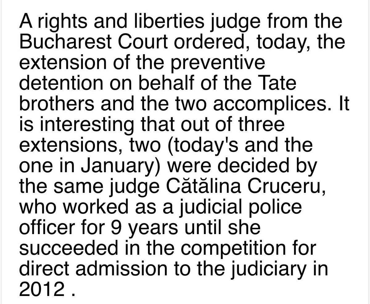 CensoredMen's tweet photo. The same judge that extended The arrest of The Tate Brothers, Georgiana and Luana in January, Was the same judge that extended it this time.
-
Catalina Cruceru worked as a police officer for 9 years until 2012 where she got direct admission into the judiciary.
-
Judges are meant to be picked randomly between the 34 available, Yet Catalina got picked twice.
-
Coincidence?
