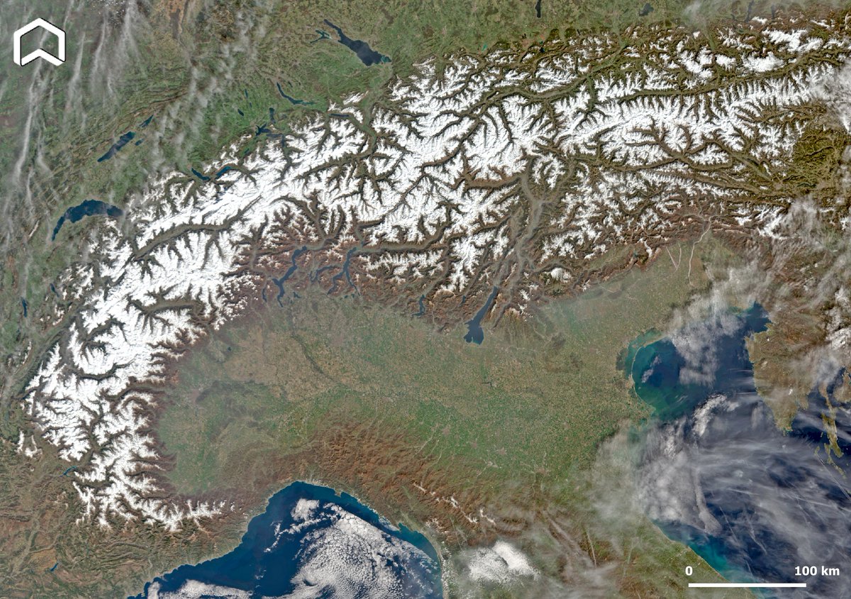 The first cloudfree spring image of the #Alps. #Copernicus #Sentinel3 captured on March 22 the awesome view of Northern #Italy unfortunately with a poor presence of snow! #WorldMeteorologicalDay 
La primavera sulle #Alpi scarsamente innevate! #italia #WorldMetDay @Giulio_Firenze