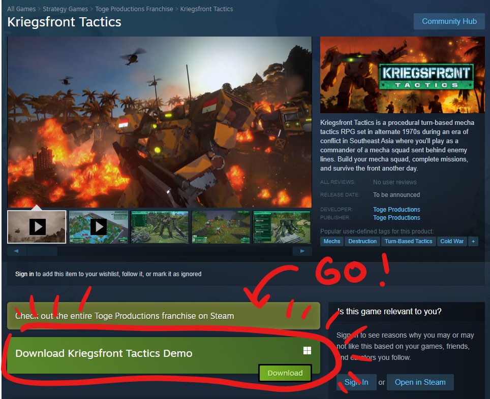 Kriegsfront Tactics (@kriegsfront) on Twitter photo 2023-03-23 12:21:33 Our combat demo is now live! It will be available from Mar 23rd to 26th on Steam and on the #PAXEast show floor (@togeproductions' booth 15111)! Go try it now: steampowered.com/app/1561740/Kr… #KriegsfrontTactics #indiegame #mechs #tactics Our combat demo is now live! It will be available from Mar 23rd to 26th on Steam and on the #PAXEast show floor (@togeproductions' booth 15111)! Go try it now: steampowered.com/app/1561740/Kr… #KriegsfrontTactics #indiegame #mechs #tactics