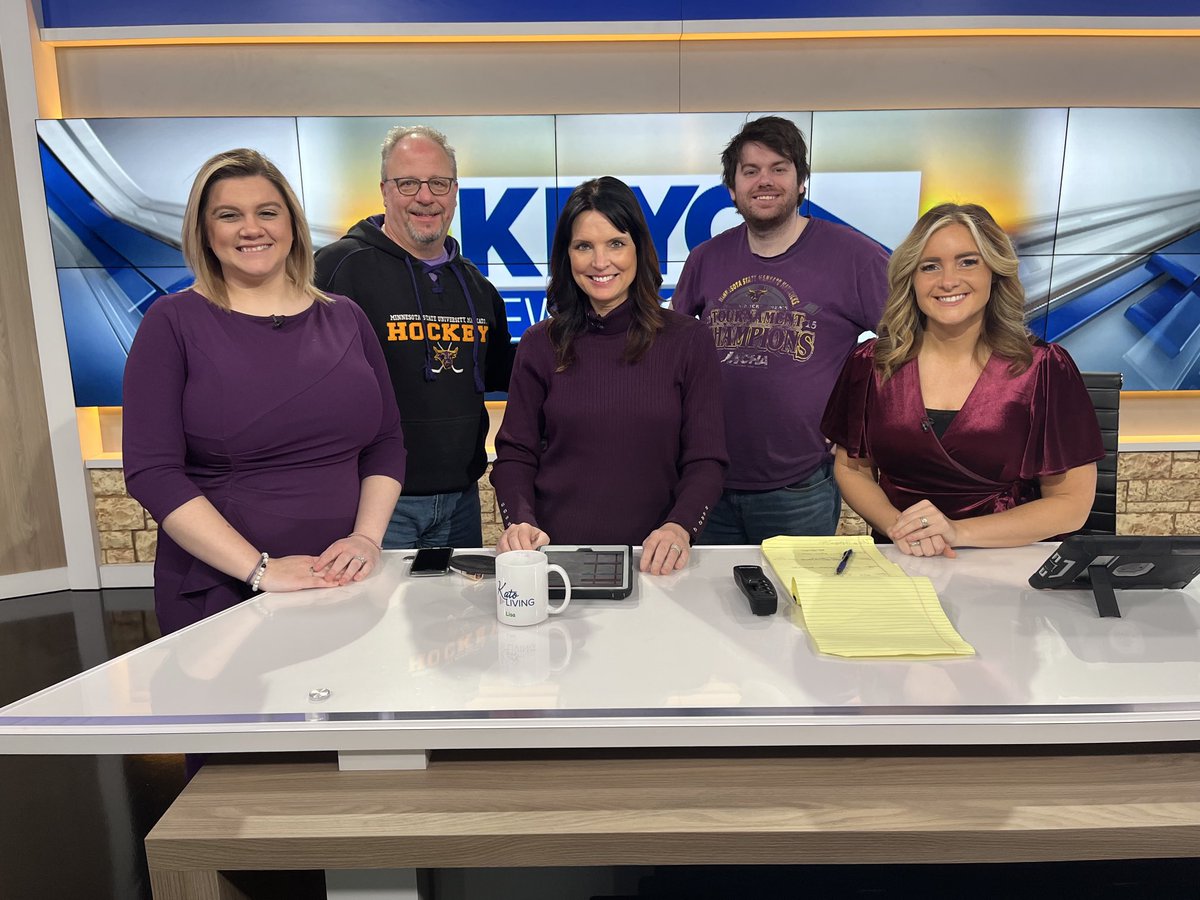 LisaCownie's tweet photo. ⁦@KEYCNewsNow⁩ Morning team showing up in purple to support our ⁦@MinnStMHockey⁩ team! #hornsup Gonna be an exciting day in Fargo! https://t.co/AGSDvcbmNw