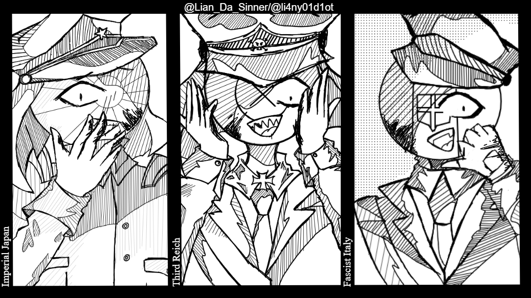 Lian_Da_Sinner's tweet photo. There one withouth colour, I think I like this one more
#countryhumans 
#countryhumansimperialjapan
#countryhumansjapanempire
#countryhumansreich
#countryhumansthirdreich 
#countryhumansfascistitaly https://t.co/czzvQCOzWE